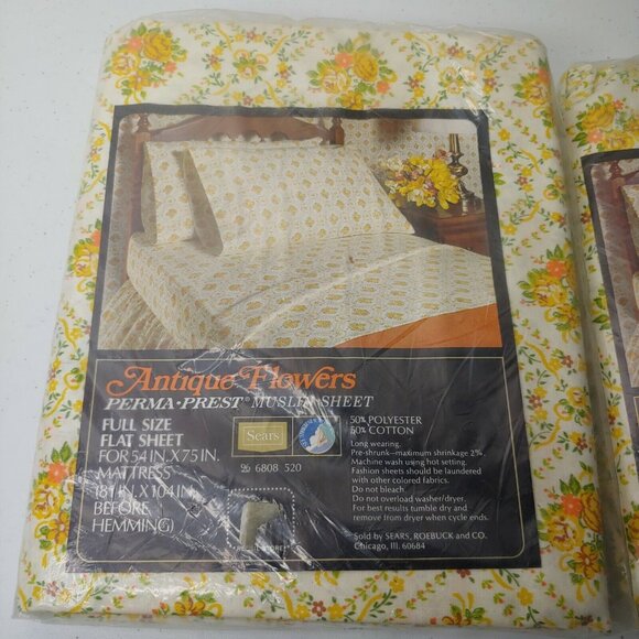 Sears Antique Flowers Sheet Set Full Flat Fitted Perma Prest Muslin Vintage NOS - Picture 3 of 10
